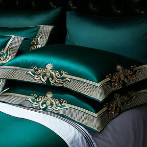 Embroidered green pillow covers.