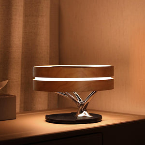 Compass Of Life table lamp on with Bluetooth speaker and wireless phone charger with dimmable light.