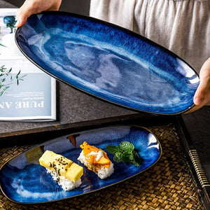 Eye Of Ocean Japanese Glazed Blue Long Plates.