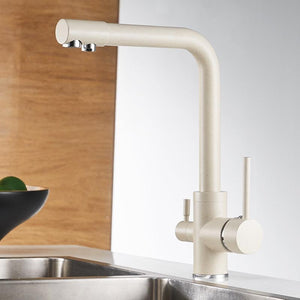 Erwin 360º Swivel Spout Dual-Handle Single-Hole Kitchen Sink Faucet With Filter in Beige Color.