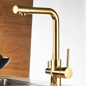 Erwin 360º Swivel Spout Dual-Handle Single-Hole Kitchen Sink Faucet With Filter in Golden Color.