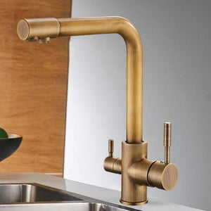 Erwin 360º Swivel Spout Dual-Handle Single-Hole Kitchen Sink Faucet With Filter in Antique Color.