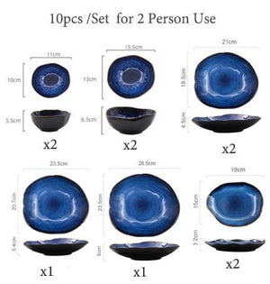10 piece glazed blue tableware set.