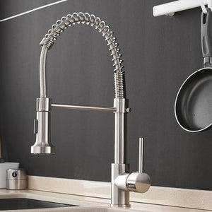 Michael Spring Spout Pull-Down Single-Hole Kitchen Sink Faucet in brushed nickel color.