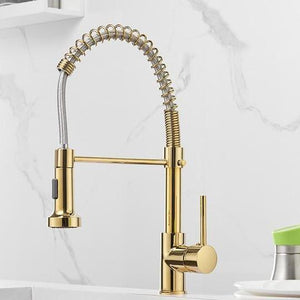 Michael Spring Spout Pull-Down Single-Hole Kitchen Sink Faucet in gold color.