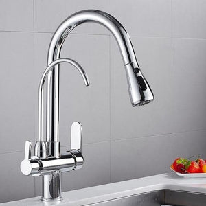 Corner view of Werner Swivel Spout Pull-Down Single-Hole Dual Handle Kitchen Sink Faucet With Filter in chrome color.