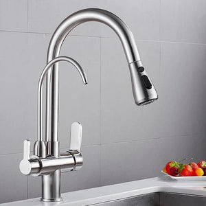 Corner view of Werner Swivel Spout Pull-Down Single-Hole Dual Handle Kitchen Sink Faucet With Filter in brushed nickel color.