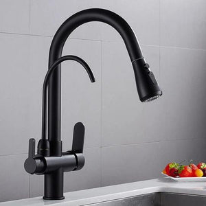 Corner view of Werner Swivel Spout Pull-Down Single-Hole Dual Handle Kitchen Sink Faucet With Filter in black color.
