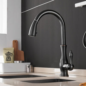 Max Swivel Spout Pull-Down Single-Hole Kitchen Sink Faucet in black color.