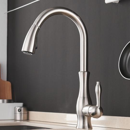 Max Swivel Spout Pull-Down Single-Hole Kitchen Sink Faucet in brushed nickel color.