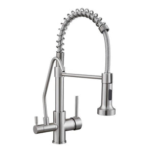 Brushed nickel color Abraham kitchen faucet with water filter.