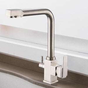 Erwin 360º Swivel Spout Dual-Handle Single-Hole Kitchen Sink Faucet With Filter in Brushed Color.