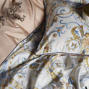 Close up of Amori duvet cover set with pillow covers.