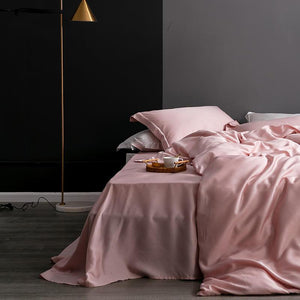Front view of Karen Duvet Cover Set made of Lyocell in Rose Color with flat bed sheets.