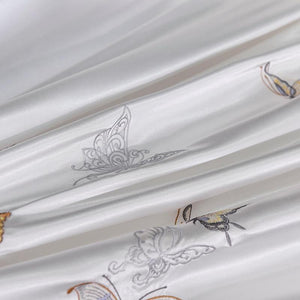 Embroidered butterflies in Platinum Butterfly Duvet Cover Set.