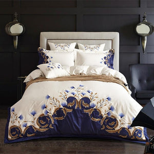 Blue Tail Luxury Duvet Cover Set (60S Egyptian Cotton). White and Blue Luxury Bed Sheets. Flat Bed Sheet and Pillowcases included in the bedding set.
