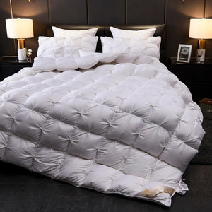 Giuseppina 1000 Thread Count Goose Down Comforter Bedding Set with 2 Pillowcases in White Color In a Modern Bedroom, available in queen and king size.