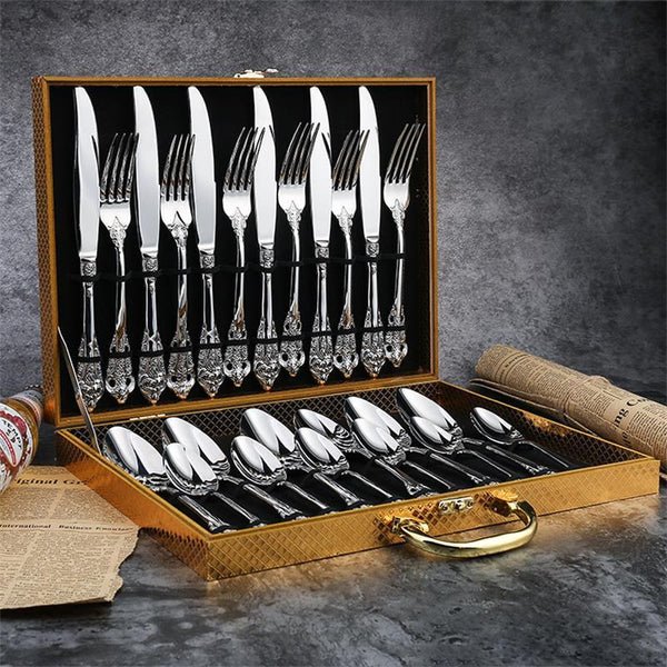 30-Pieces Royal Vintage Gold Plated Stainless Steel Cutlery Colorful Spoon  Fork Knife Set Black Rose Gold Flatware Service For 6