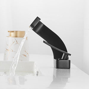 Profile picture of a black bathroom faucet.