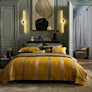 Front view of Mia Gradient Modern Duvet Cover Set in ochre color.