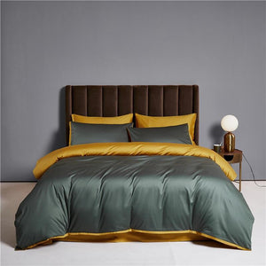 Ava Reversible Duvet Cover Set made of Egyptian Cotton in Sage and Yellow color.