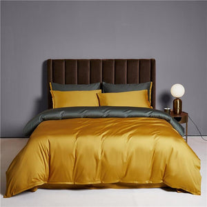 Ava Reversible Duvet Cover Set made of Egyptian Cotton in Yellow and Sage color. (Opposite Side).