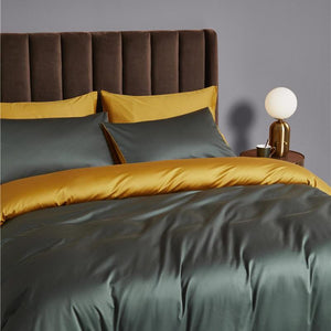 Ava Reversible Duvet Cover Set made of Egyptian Cotton in Sage and Yellow color. 