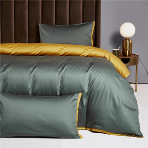 Ava Reversible Duvet Cover Set made of Egyptian Cotton in Sage and Yellow color.