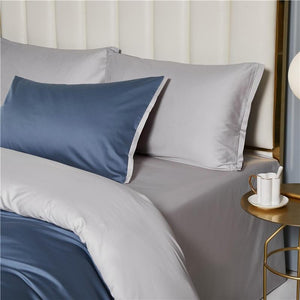 Steel and Pearl color bedding sheets.