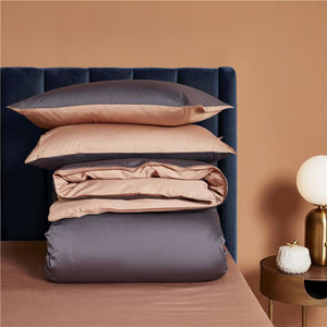 Ava Reversible Duvet Cover Set made of Egyptian Cotton in Gray and Melon color. (Full Set).