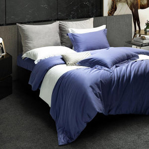 disorganized egyptian cotton duvet cover set with two pillow covers in blue.