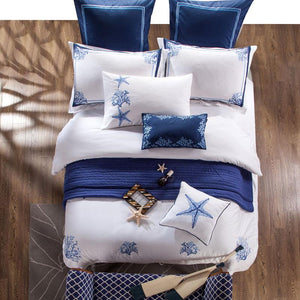 Top View Of Jessica White and Blue Duvet Cover Set. The best and the softest bed sheets. Luxury Beach coastal bedding set.