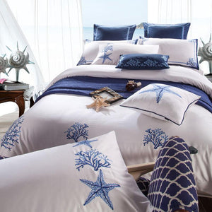 Front View Jessica White and Blue Duvet Cover Set. The best and the softest bed sheets. Luxury Beach coastal bedding set.