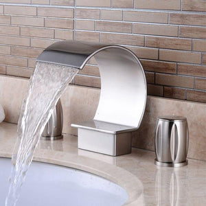James Three-Hole Dual-Handle Bathroom Faucet in Brushed Nickel Color.