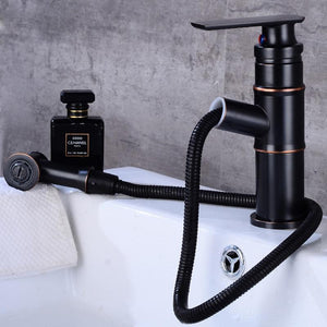 Pulled out hose of Langfoss Bathroom Faucet in black color.
