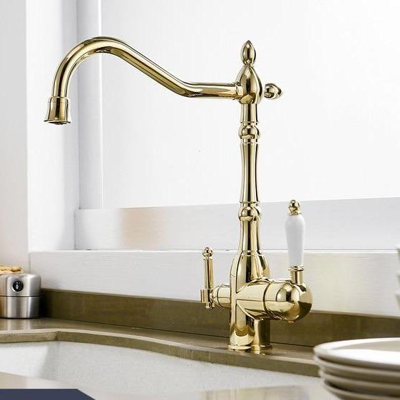 Galileo Galilei Swivel Spout Single-Hole Dual-Handle Kitchen Sink Faucet - Gold