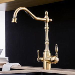 Dual kitchen sink with Golden Galileo Galilei Kitchen Faucet.