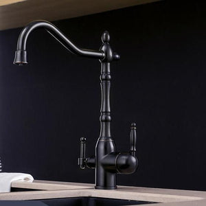 Black Galileo Galilei Kitchen Faucet with some Bronze finishing on a black dual kitchen sink.